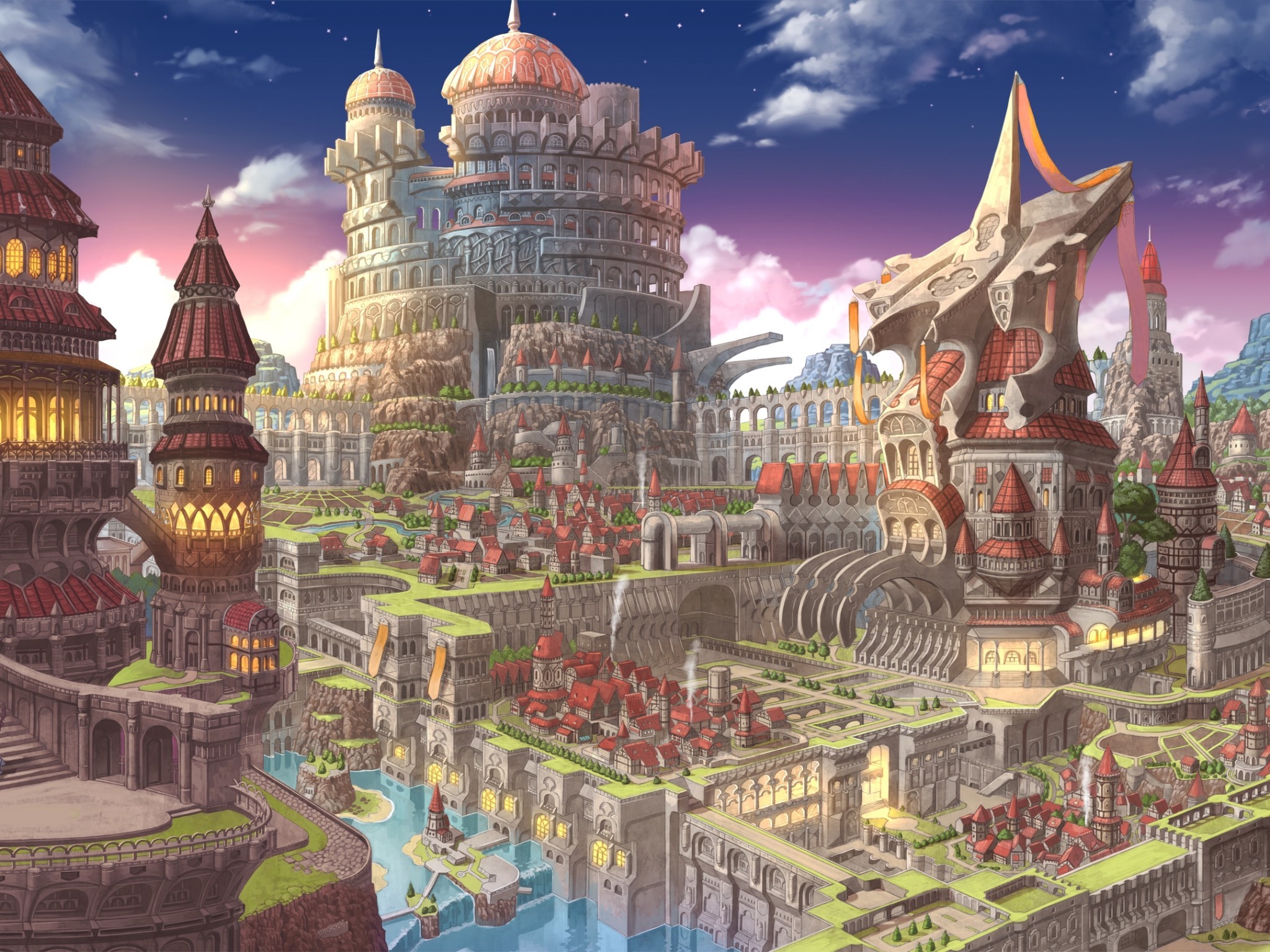 Anime Fantasy City, Castle, Village, Waterfall, Witch - Fantasy City , HD Wallpaper & Backgrounds
