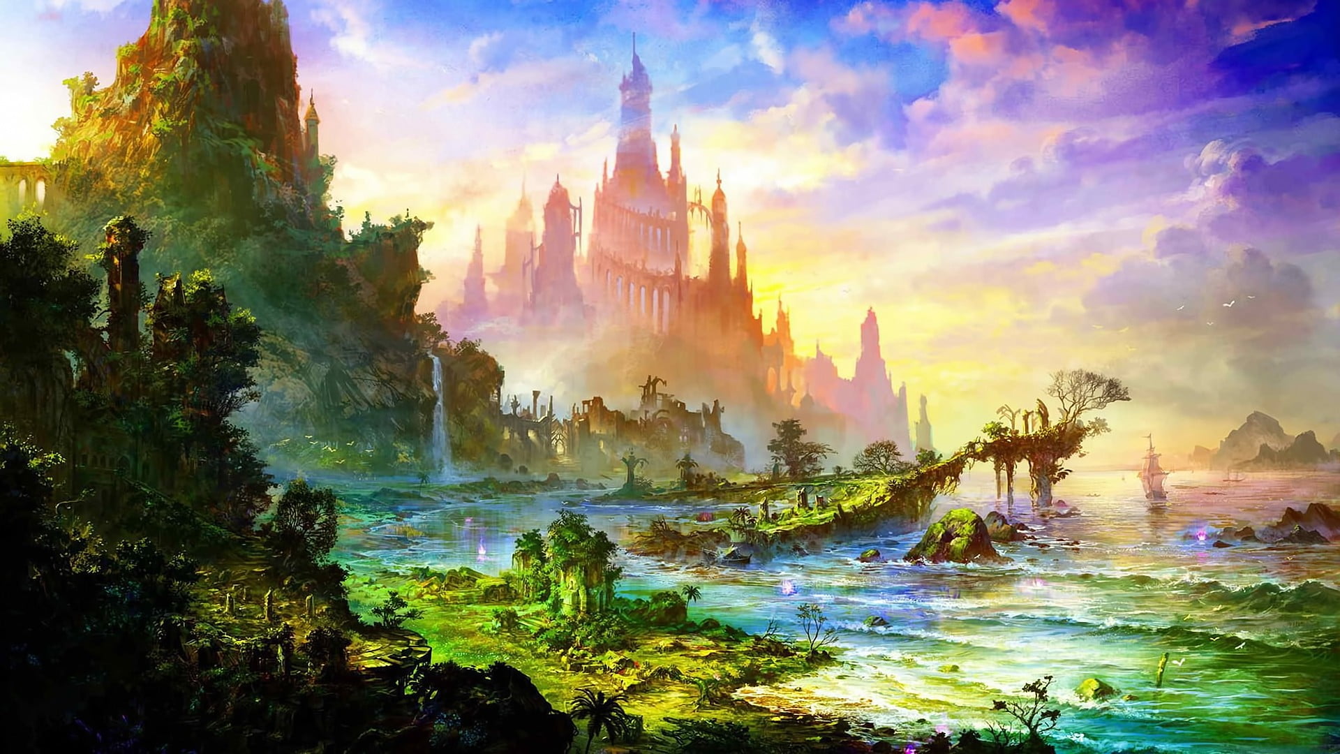 Fantasy World Digital Wallpaper, Fantasy Art, Nature - Scenery Fantasy Background Anime , HD Wallpaper & Backgrounds