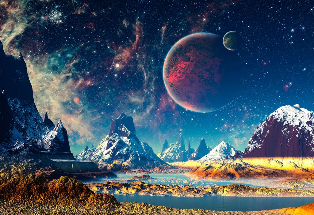 Fantasy World Mountains River Planets Stars 4k Wallpaper - Alien Planets , HD Wallpaper & Backgrounds