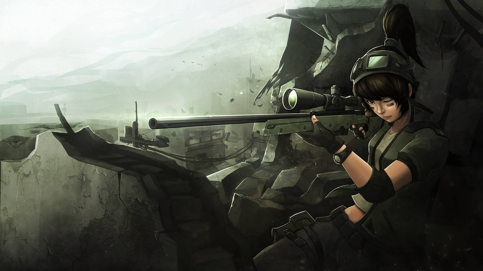 Wallpaper Girl In War Field Anime - Soldier Girl Sniper Anime , HD Wallpaper & Backgrounds