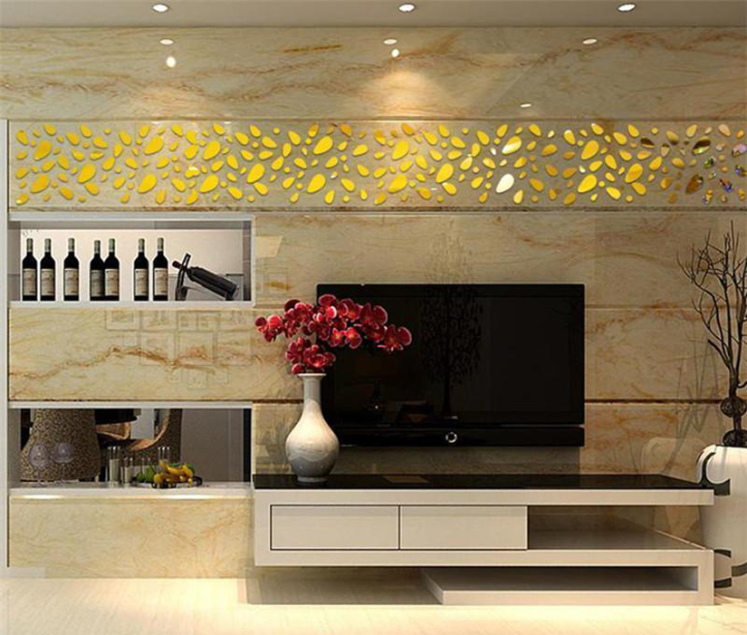Home Decor Mirror Wall Sticker - Golden Colour Tv Unit , HD Wallpaper & Backgrounds