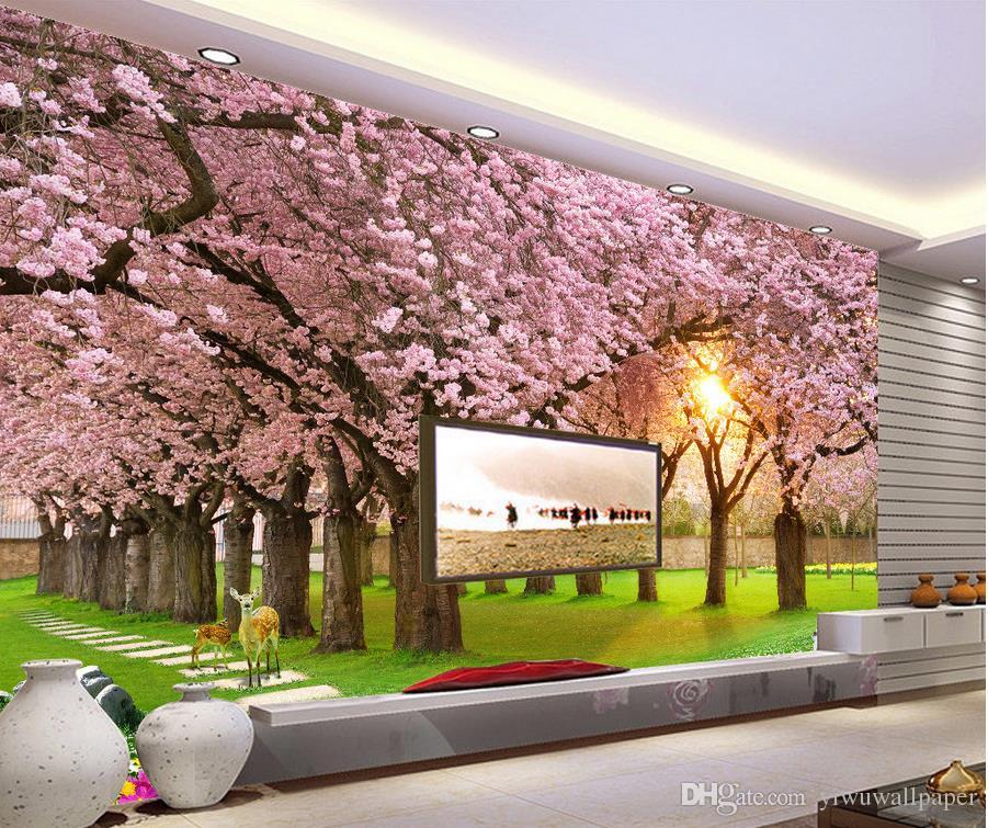 Cherry Blossom Grass Mural Tv Wall Mural 3d Wallpaper - Arvore Florida Do Japão , HD Wallpaper & Backgrounds