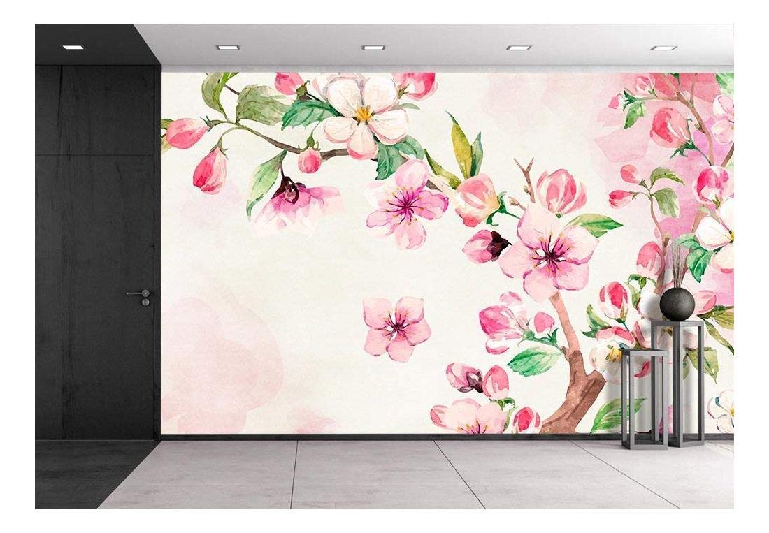 Large Wall Mural Watercolor Style Ink Painting Pink - Traditional Flower With Birds Motif , HD Wallpaper & Backgrounds