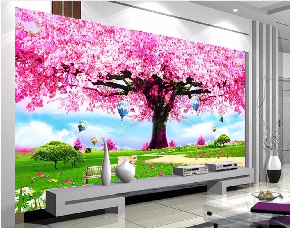 Malilove Custom Photo 3d Wallpaper Pink Romantic Cherry - Cherry Blossom Mural Painting Tree , HD Wallpaper & Backgrounds