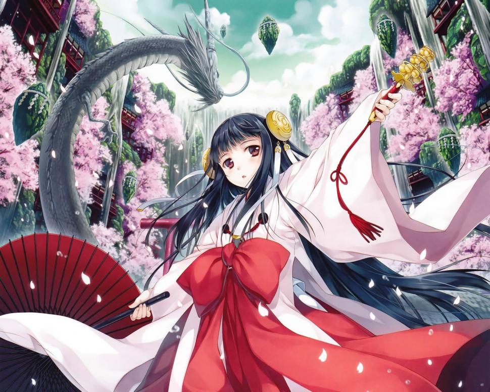 Anime Girls, Cherry Blossom, Dragon, Miko, Japanese - Anime Ancient Japanese Girl , HD Wallpaper & Backgrounds