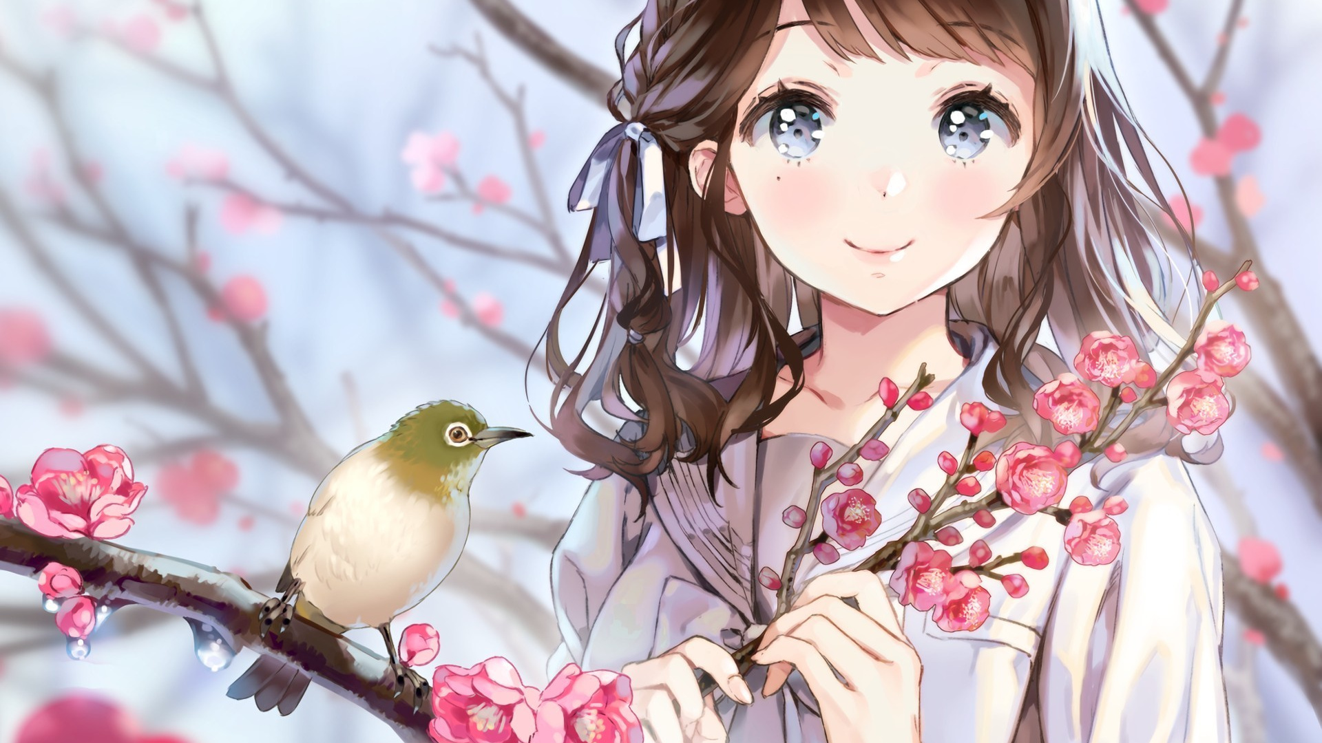 Wallpaper Birds, Cherry Blossom, Anime Girl, Cute - Anime Girl With Birds , HD Wallpaper & Backgrounds