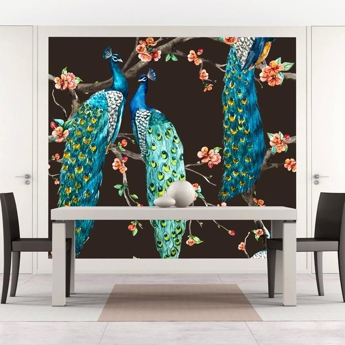 Cherry Blossom Mural Blue Peacock Wall Mural Pink Cherry - Pavo Real Decoracion , HD Wallpaper & Backgrounds