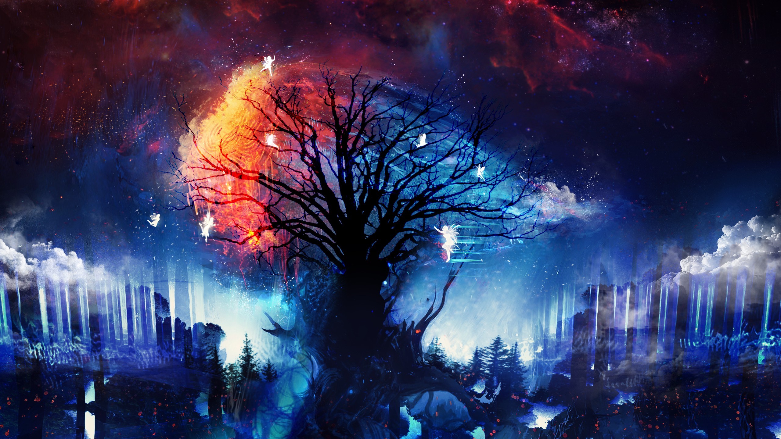 Artwork Digital Art Fantasy Art Trees Fairies Stars - Fantasy Digital Painting Background , HD Wallpaper & Backgrounds