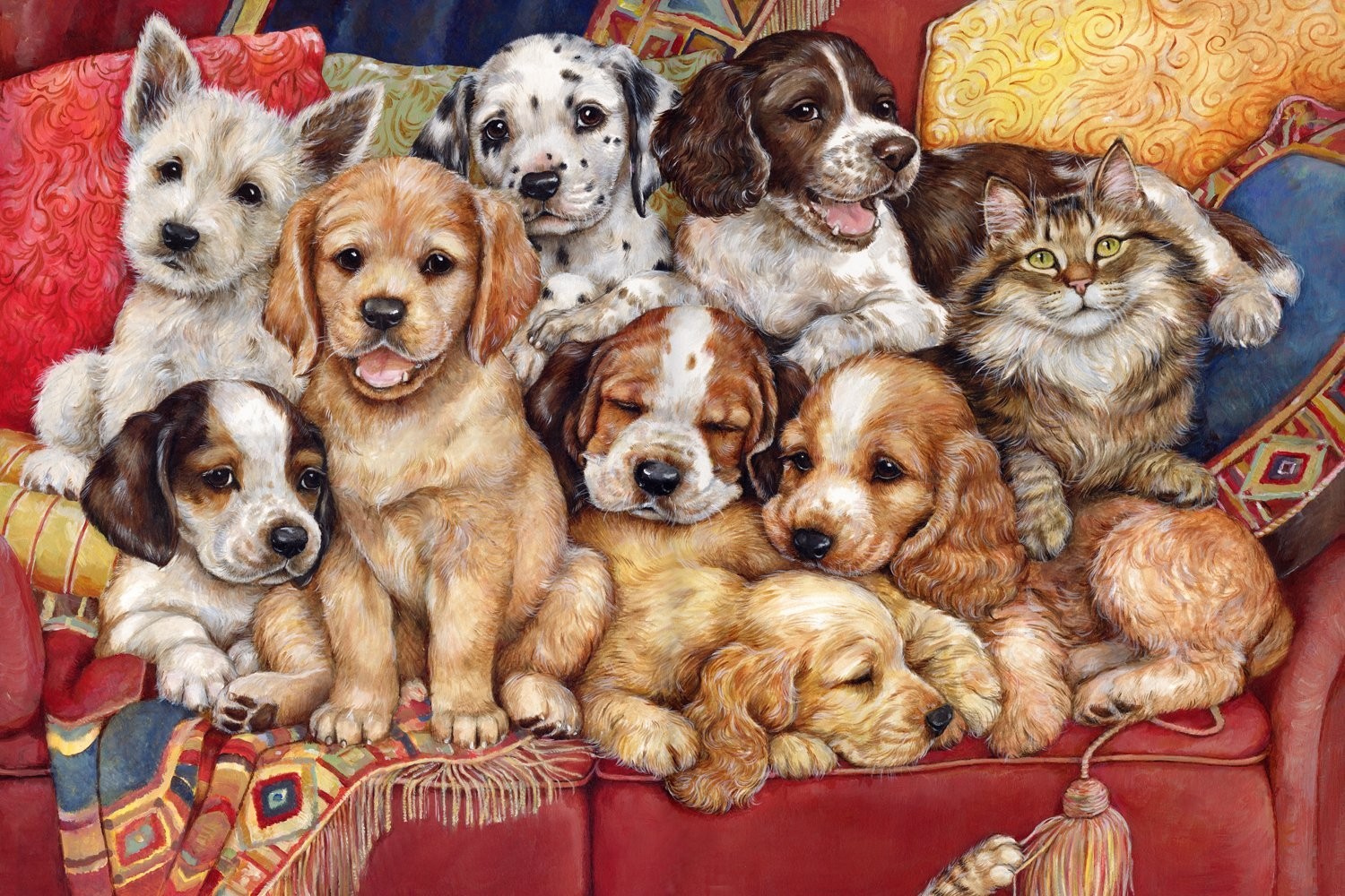 Dogs Puzzle Puppies Posing Couch Cat Boo The Dog Wallpaper - Jigsaw Puzzle , HD Wallpaper & Backgrounds