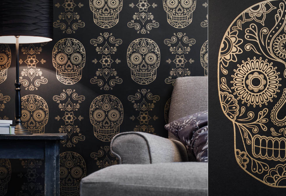 Mexican Day Of The Dead Sugar Skull Wallpaper - Sugar Skull Black And Gold , HD Wallpaper & Backgrounds