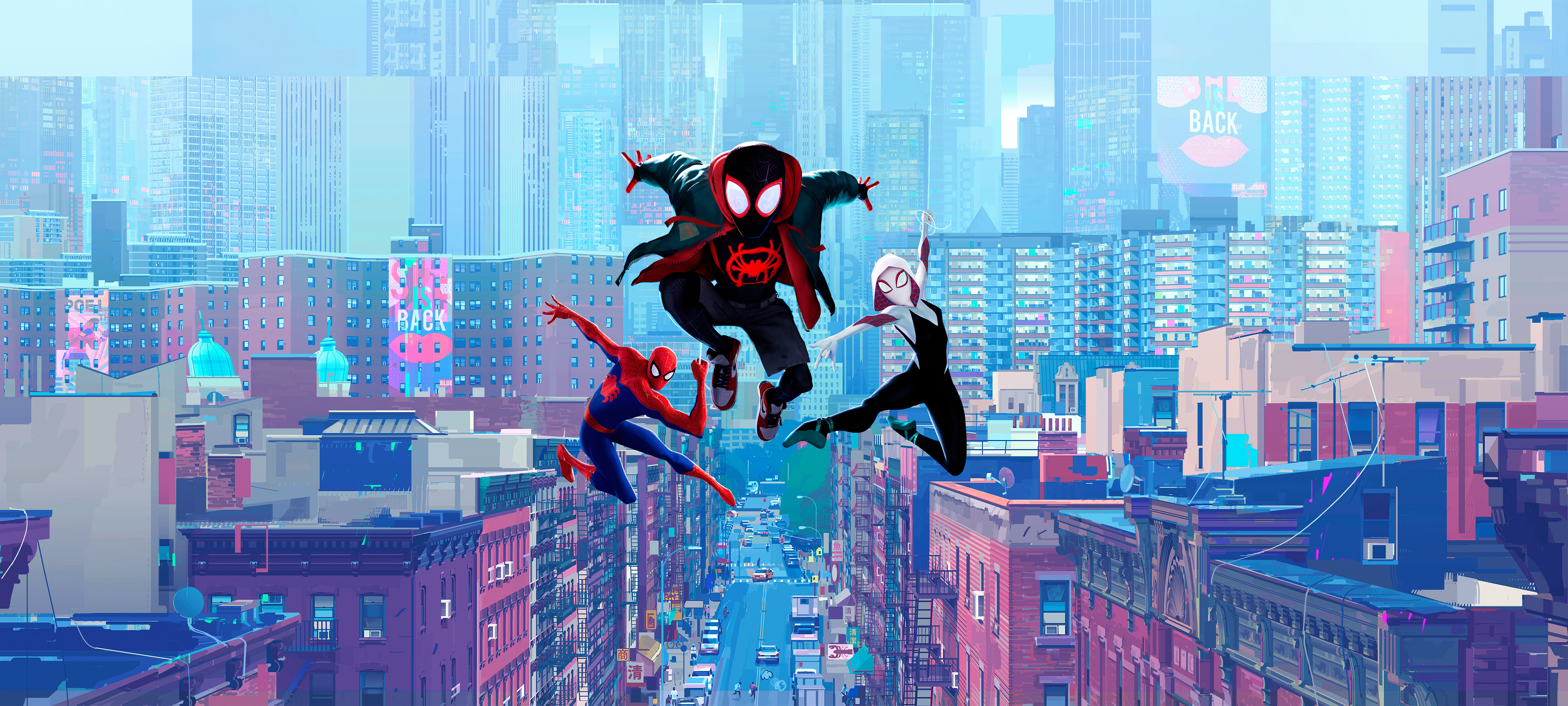 Miles Morales, Gwen, Animation, Jumping, Buildings, - Spider Man Into The Spider Verse , HD Wallpaper & Backgrounds