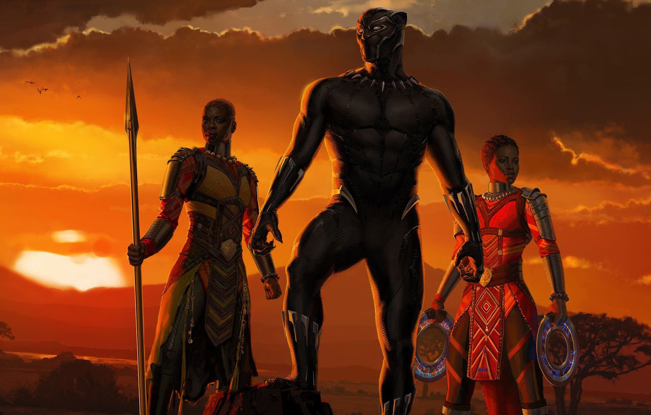 Photo Wallpaper Sunset, Girls, Africa, Girls, Marvel, - Black Panther Wallpaper Art , HD Wallpaper & Backgrounds