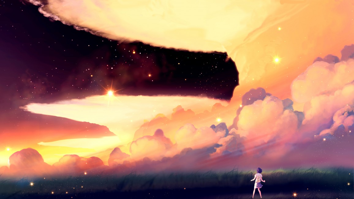 Akio Bako Anime Sunset Girl Clouds - Anime Sunset Wallpaper 4k , HD Wallpaper & Backgrounds