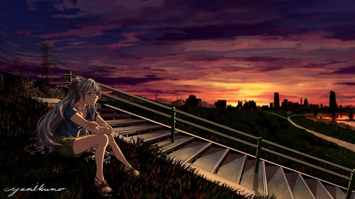 Vocaloid Hatsune Miku Sunset Girl Stairs - Nightcore Alan Walker Sky , HD Wallpaper & Backgrounds
