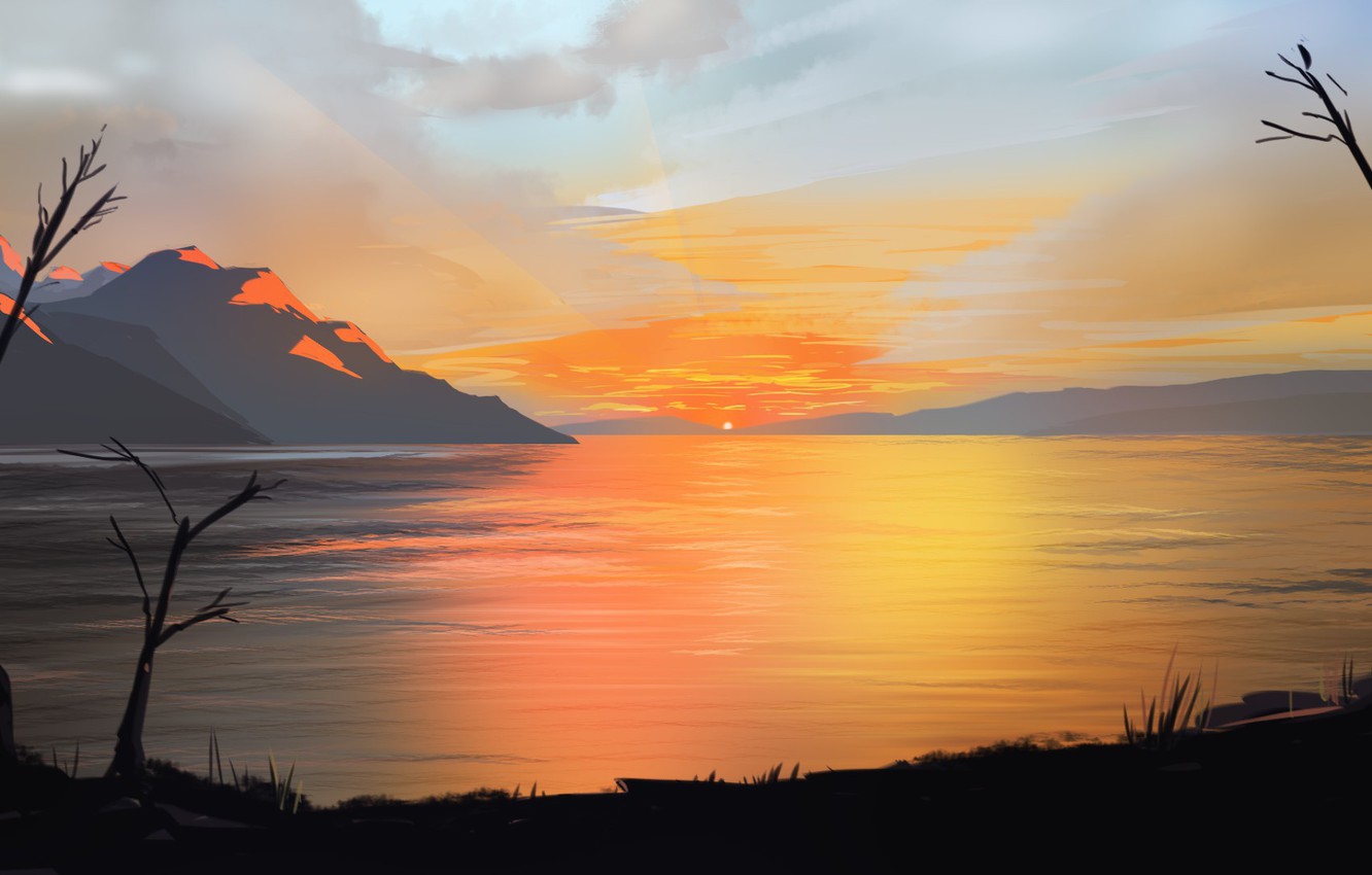 Photo Wallpaper Sky, Landscape, Nature, Sunset, Art, - Sunset On A Lake , HD Wallpaper & Backgrounds