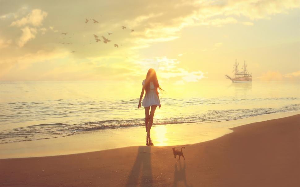 Girl At Sunset Beach, Sea, Cat, Sailboat Wallpaper - Sunset Beach Girl Phone , HD Wallpaper & Backgrounds