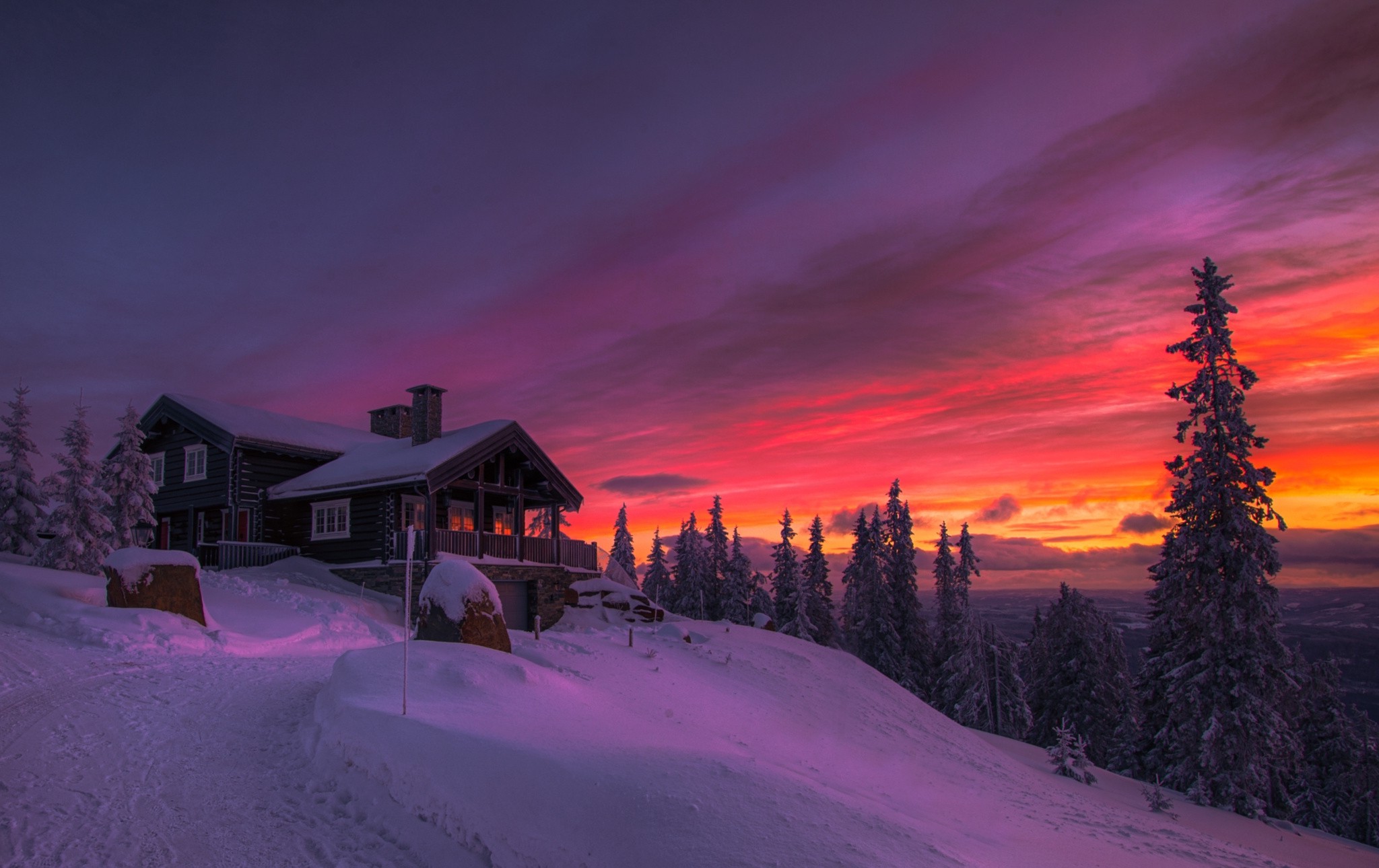 Winter, Sunset, Clouds, Forest, Cottage, Snow, Cold, - Norway Winter Sunset , HD Wallpaper & Backgrounds