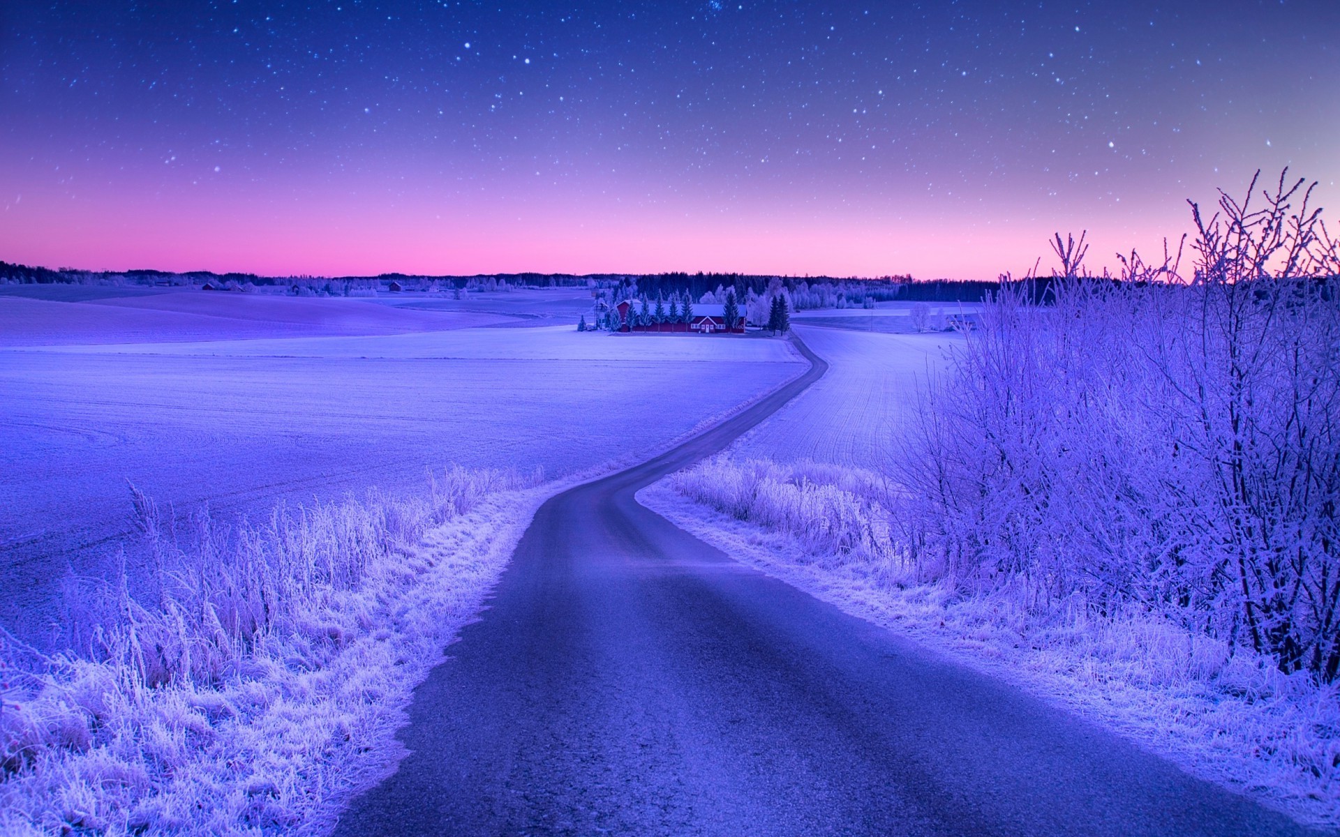 Landscape Nature Road Winter Snow Field Stars Evening - Evening Sunset In Snow , HD Wallpaper & Backgrounds