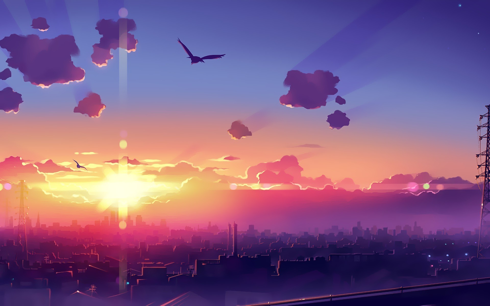 Artwork, Fantasy Art, Anime, City, Sunset, Sky Wallpapers - Sunset Anime City Background , HD Wallpaper & Backgrounds