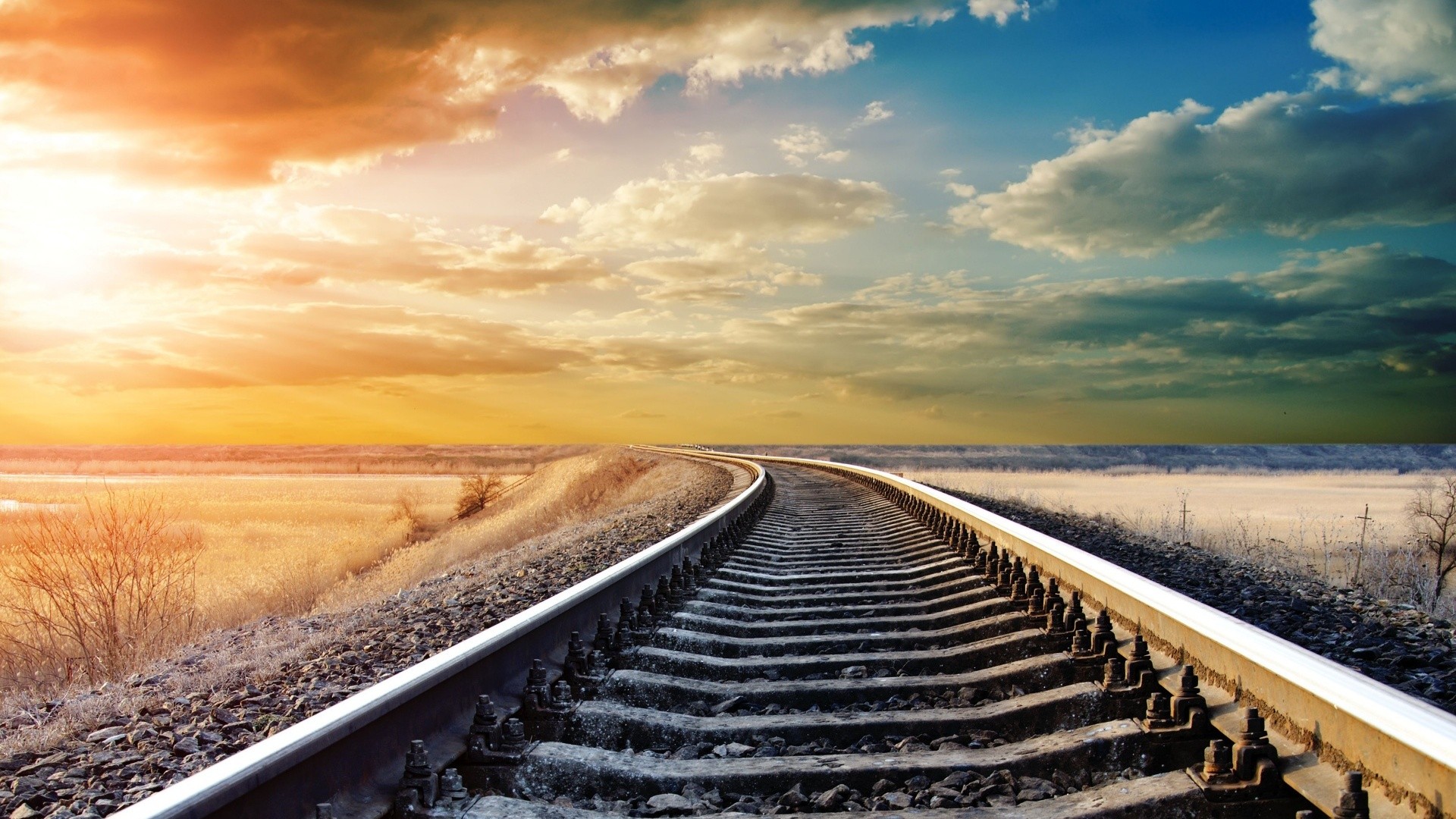 Long Train Tracks Sky Colors Clouds Fields Colorful - Train Track , HD Wallpaper & Backgrounds