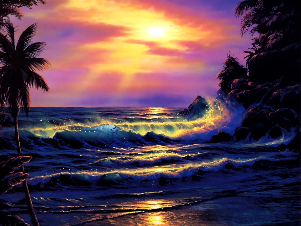 Purple Sunset - Christian Lassen Hawaii Art , HD Wallpaper & Backgrounds