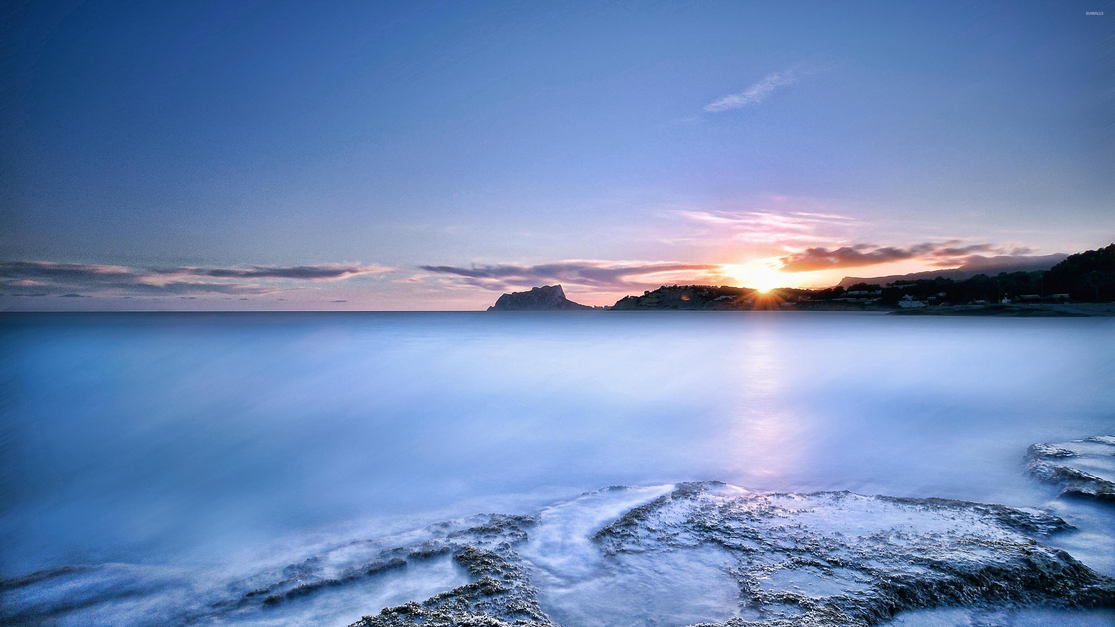 Ocean Sunset Behind The Rocky Shore Wallpaper - Printed On Styrene , HD Wallpaper & Backgrounds