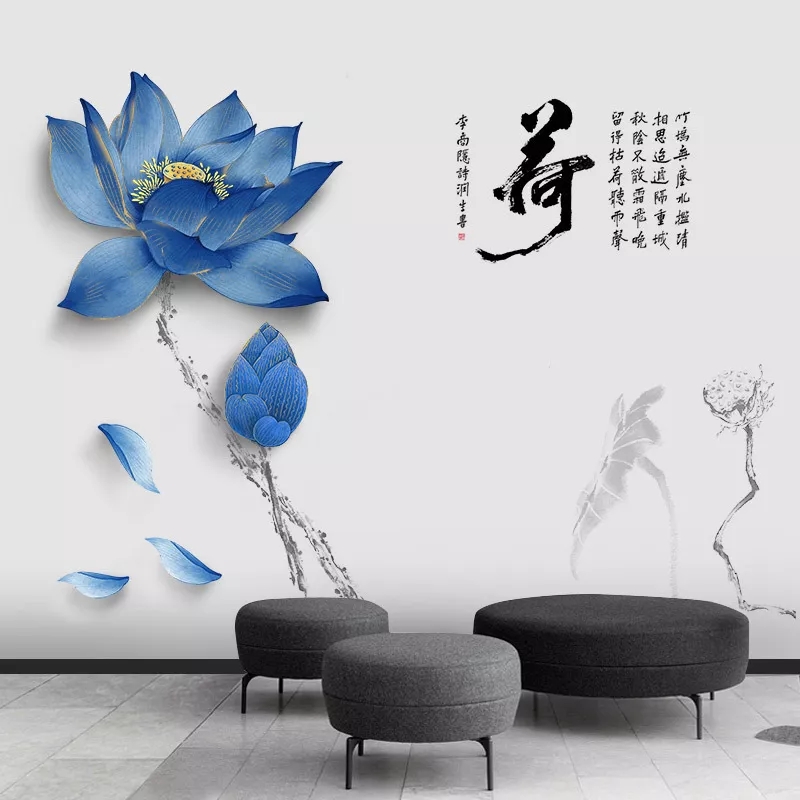 Lotus Ornaments Self Adhesive Wallpaper Bedroom Wall - Dekorace Na Zeď Květina Modrá , HD Wallpaper & Backgrounds