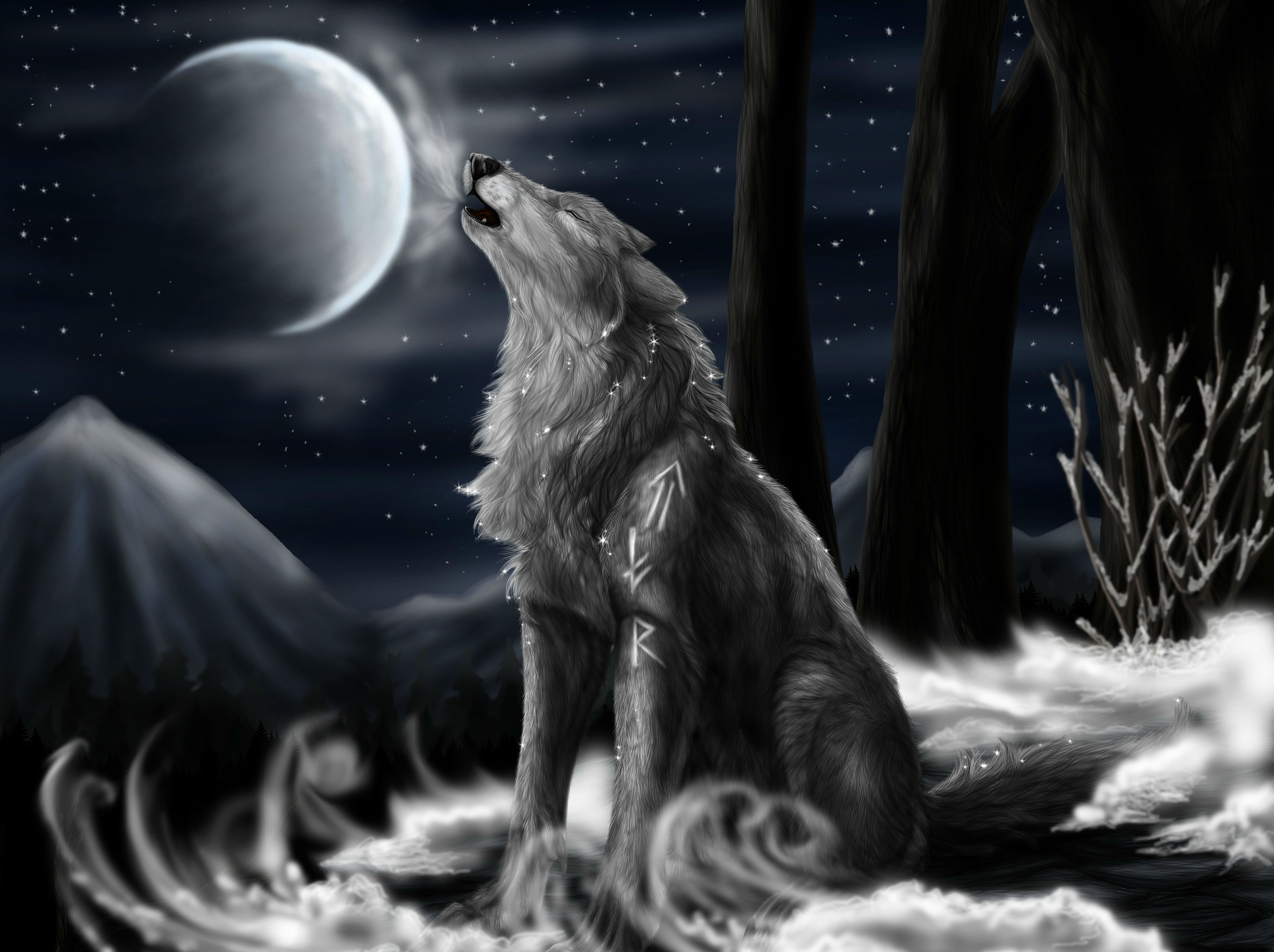 Hd Wallpaper - Wolf Drawing With Background , HD Wallpaper & Backgrounds