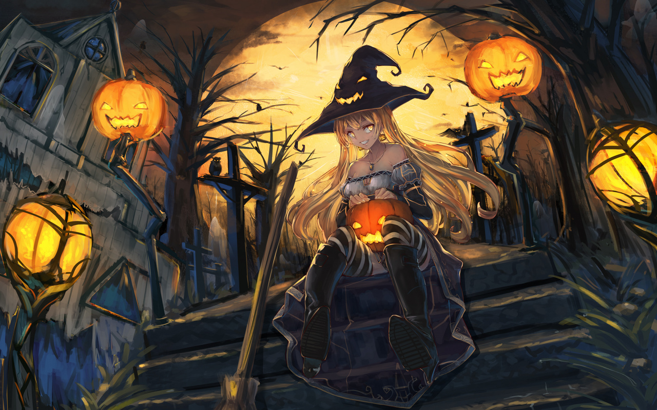 Download Wallpaper Witch, Art, Anime Girl, Halloween Halloween Anime