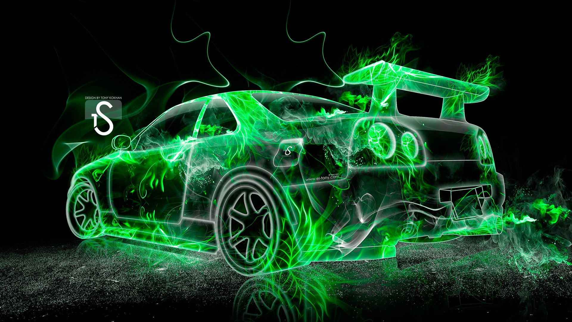 Nissan Skyline Gtr R34 Green Fire Abstract Car - Black And Green Car , HD Wallpaper & Backgrounds