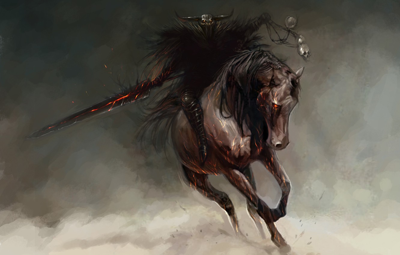 Photo Wallpaper Darkness, Background, Fire, Horse, - Dark Knight On Horse , HD Wallpaper & Backgrounds