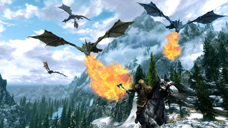 Skyrim Elder Scrolls Dragon Mountains Landscape Horse - Elder Scrolls Dragon Mountain , HD Wallpaper & Backgrounds
