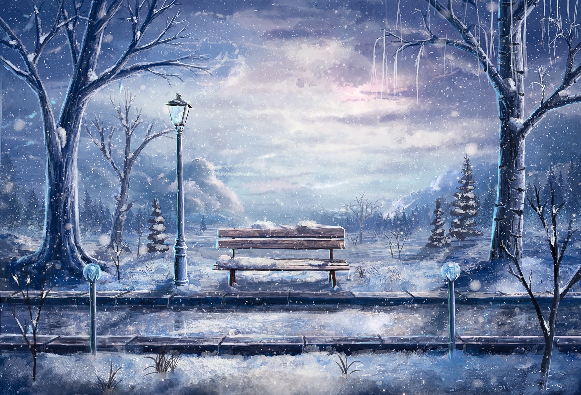 Nature Beautiful Snow Winter Park Wonderland 3d Wallpaper - Anime Winter Scenery , HD Wallpaper & Backgrounds