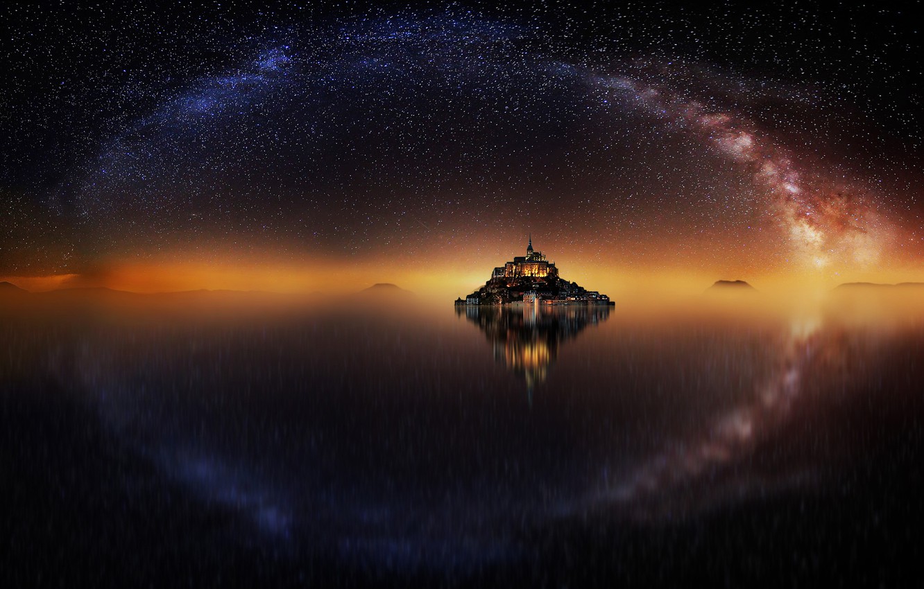 Photo Wallpaper The Sky, Water, Stars, Reflection, - Mont Saint Michel Stars , HD Wallpaper & Backgrounds