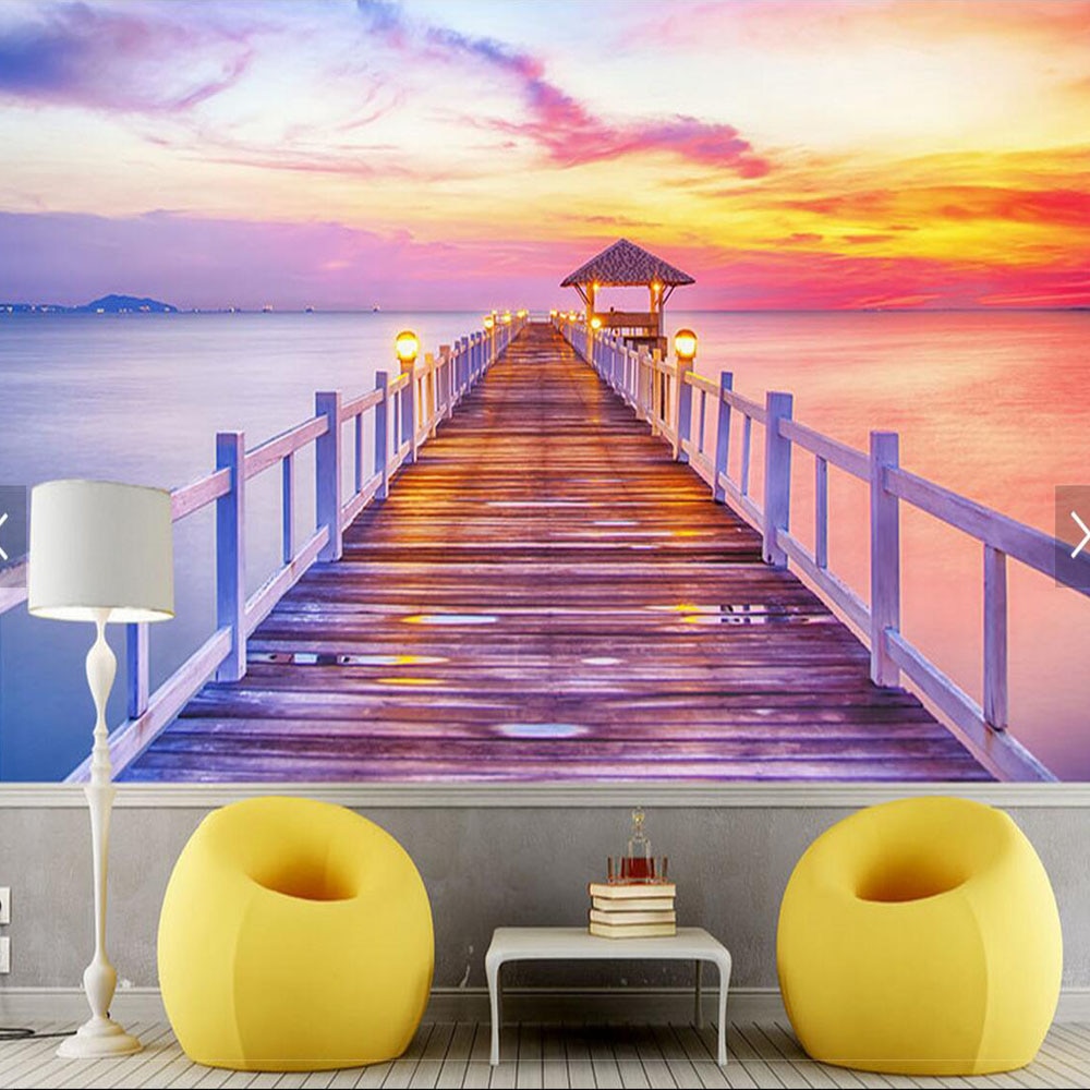 Papel Pintado Europeo Colorido Playa Mural Foto Wallpaper - Bridge With Sunset Background , HD Wallpaper & Backgrounds