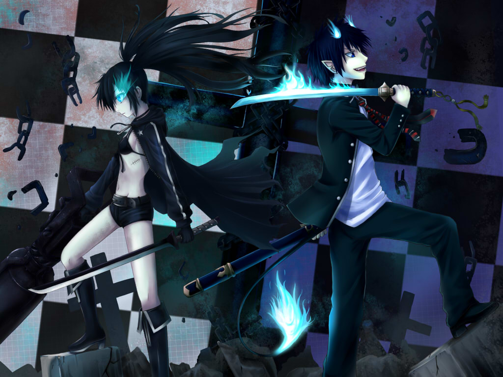 Ao No Exorcist Black Hair Black Rock Shooter Blue Eyes - Okumura Rin X Black Rock Shooter , HD Wallpaper & Backgrounds