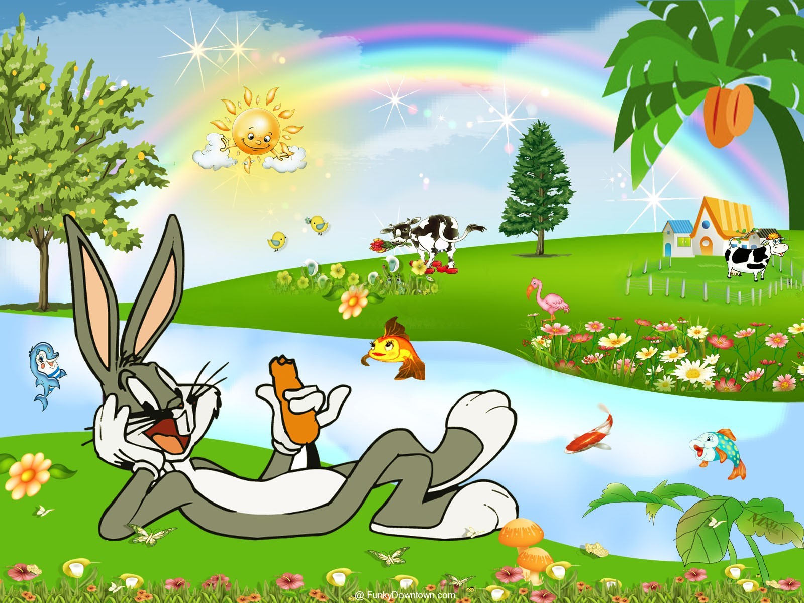 Wonderful Animalls Free Awesome For Kids Funky Downtown - Bugs Bunny With Background , HD Wallpaper & Backgrounds