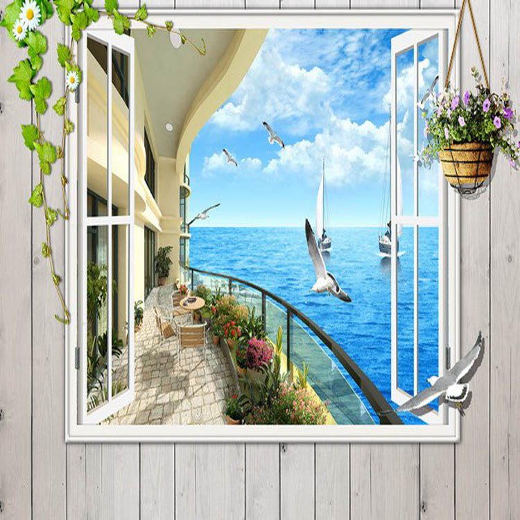 Window 3d Seaside Sunrise View Wall Stickers Art Mural - Window 3d , HD Wallpaper & Backgrounds