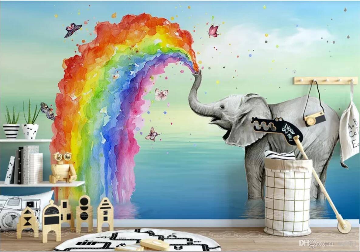 3d Wallpaper Custom Photo Mural Nordic Simple Cute - Baby Elephant Spraying Rainbow , HD Wallpaper & Backgrounds