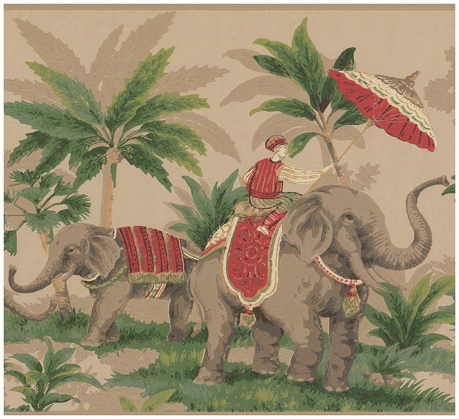 Grey Elephants Palm Trees Wall Border Retro Design, - Indian Elephant , HD Wallpaper & Backgrounds