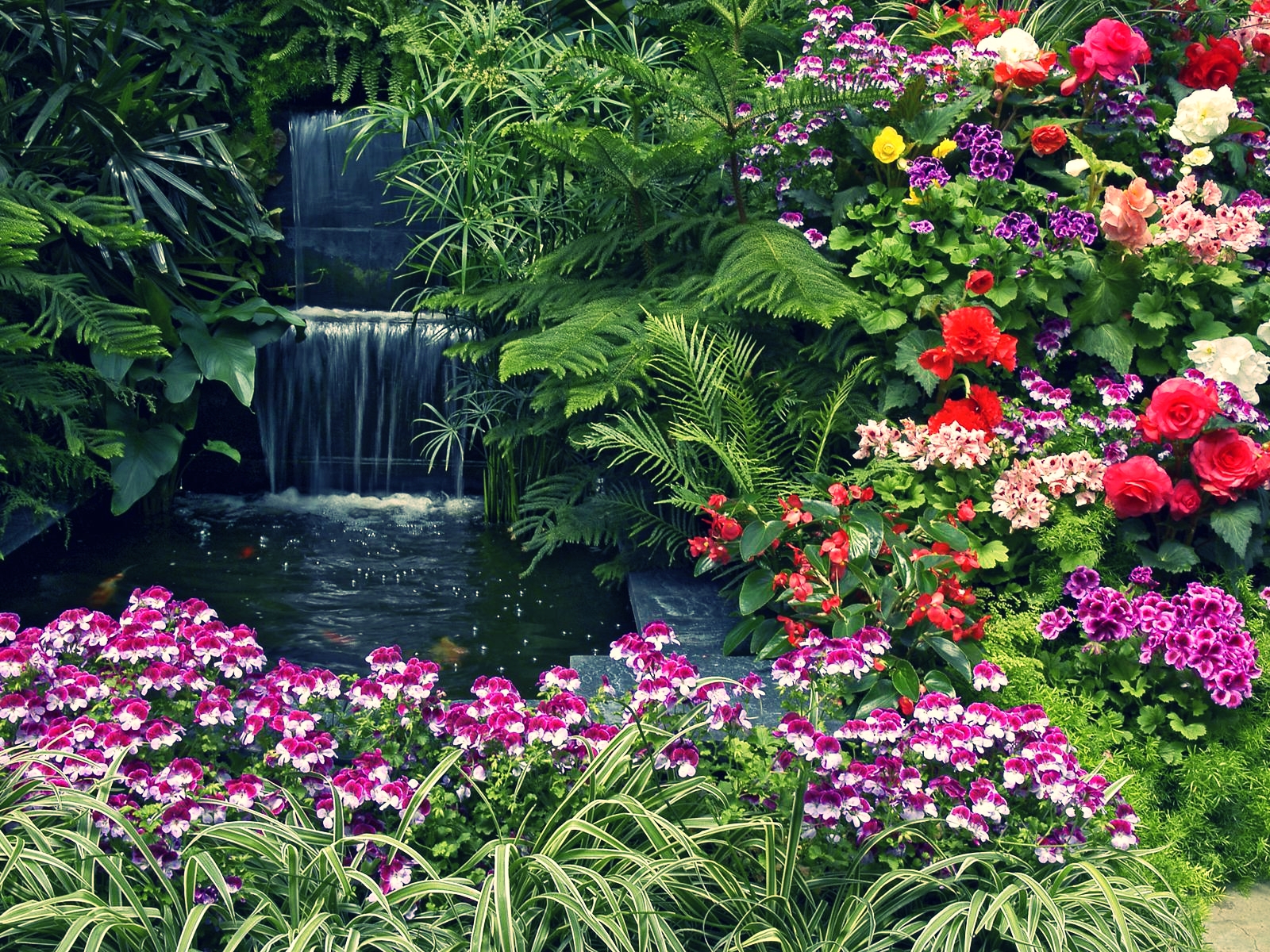 Thougths Ferns Springtime Flowers Garden Roses Waterfalls - Waterfalls In The Spring , HD Wallpaper & Backgrounds