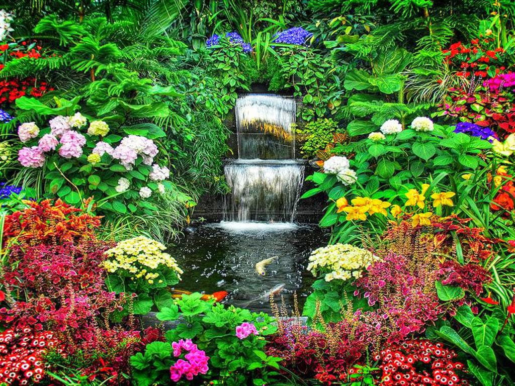 Flower Garden Wallpaper Free Download - Flower Garden With Waterfall , HD Wallpaper & Backgrounds