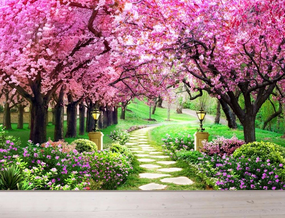 Weaeo Custom 3d Wallpaper Cherry Tree Garden Wallpaper - 3d Wallpaper Flower , HD Wallpaper & Backgrounds