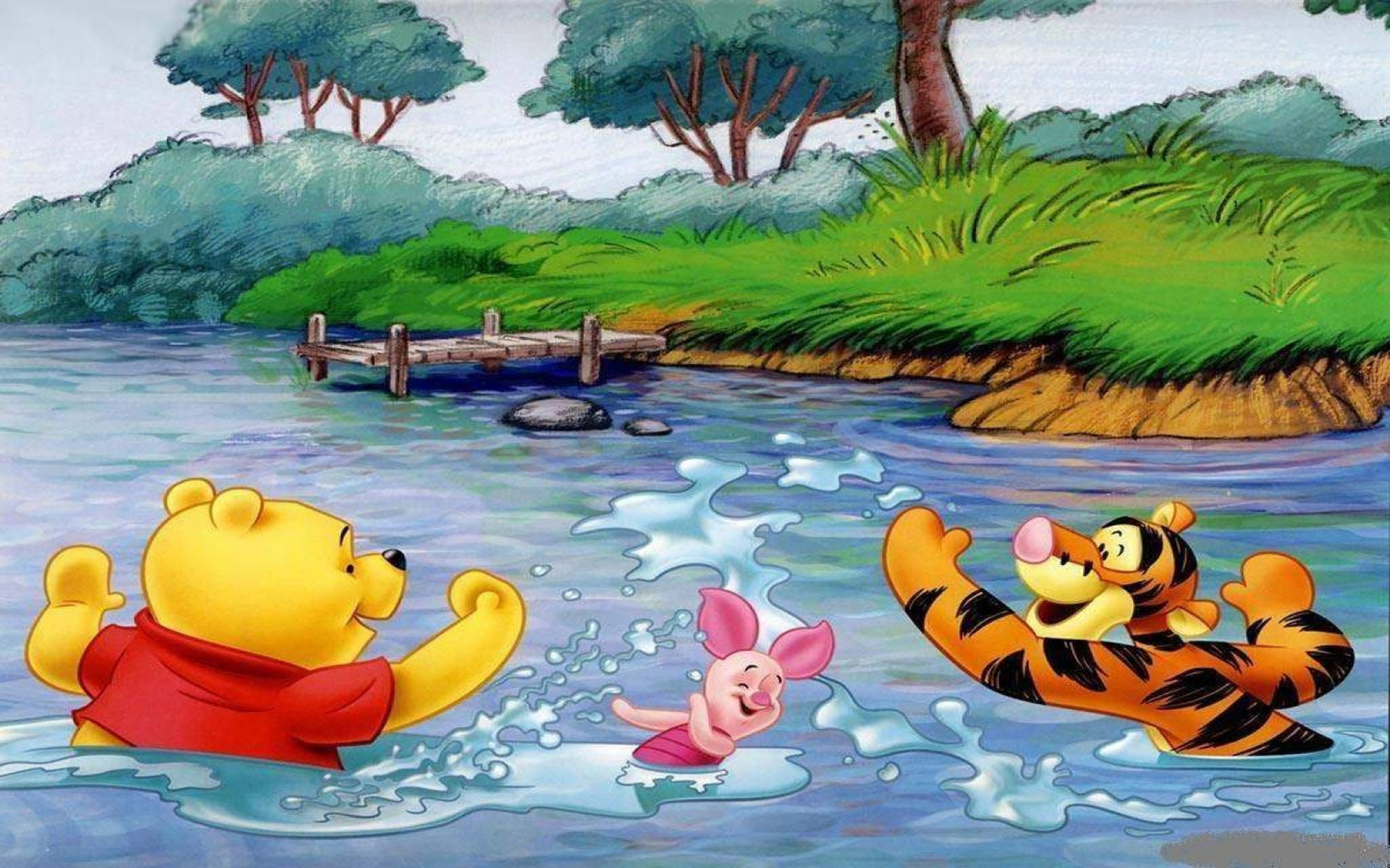 Winnie The Pooh Tigger And Piglet Bathing To River - Winnie The Pooh River , HD Wallpaper & Backgrounds