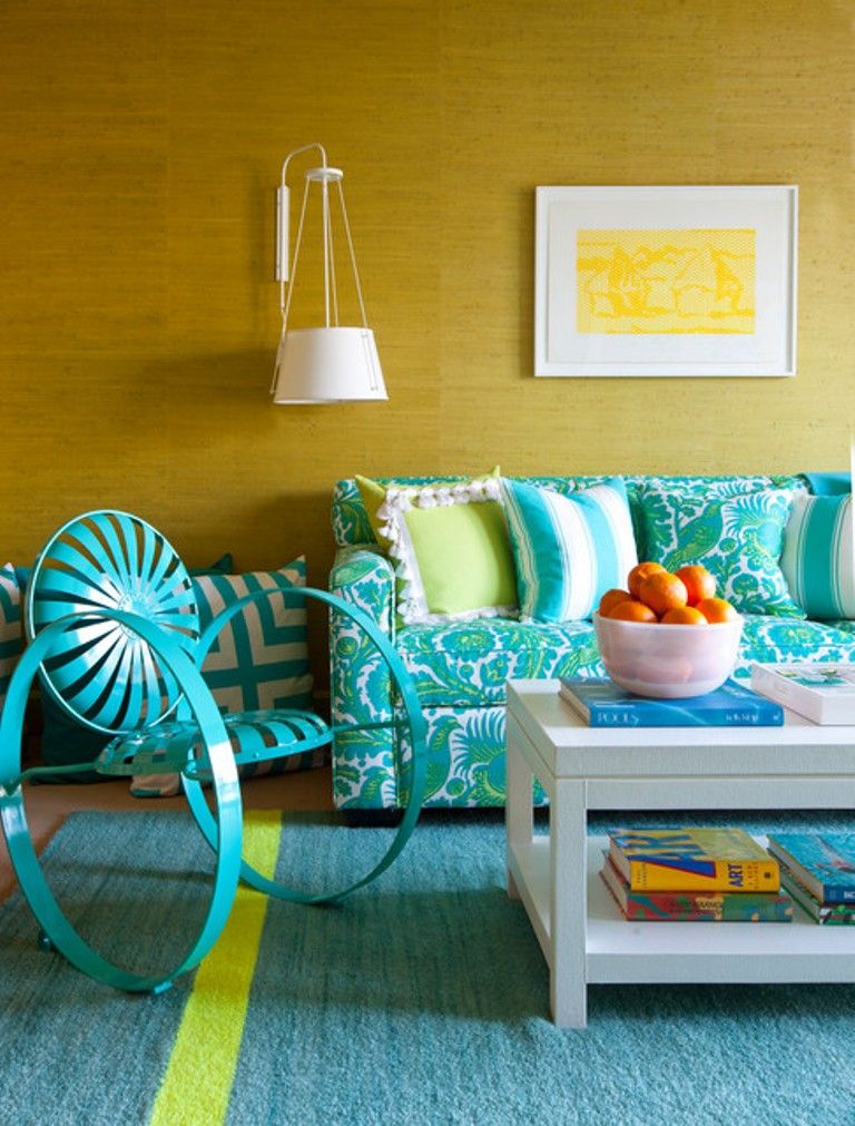 Textile Wallpaper Interior Decoration Ideas - Teal Sofa Living Room Decor , HD Wallpaper & Backgrounds