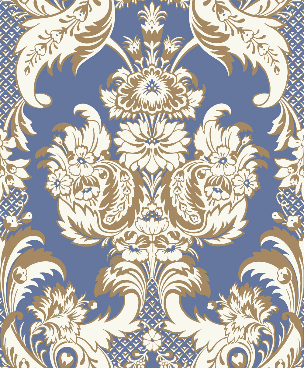 Cole & Son Wyndham Peacock Blue Wallpaper Blue And Gold Pattern
