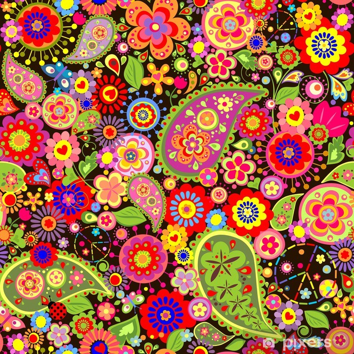 Colorful Floral Wallpaper With Hippie Symbolic Vinyl - Flower Power Hippie , HD Wallpaper & Backgrounds