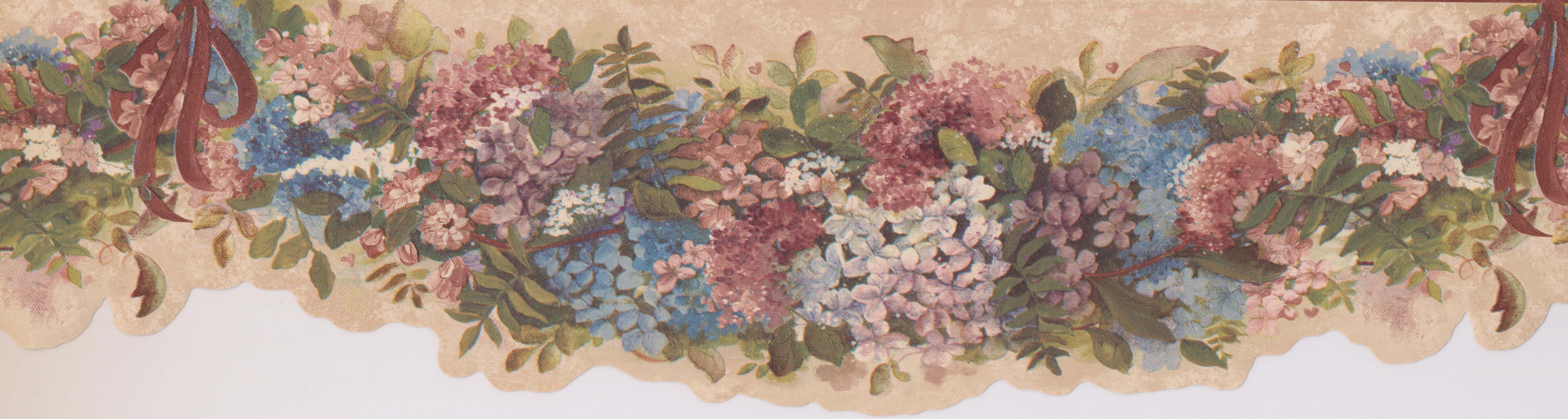 Blue Pink White Flowers On Vine Beige Floral Wallpaper - Artificial Flower , HD Wallpaper & Backgrounds