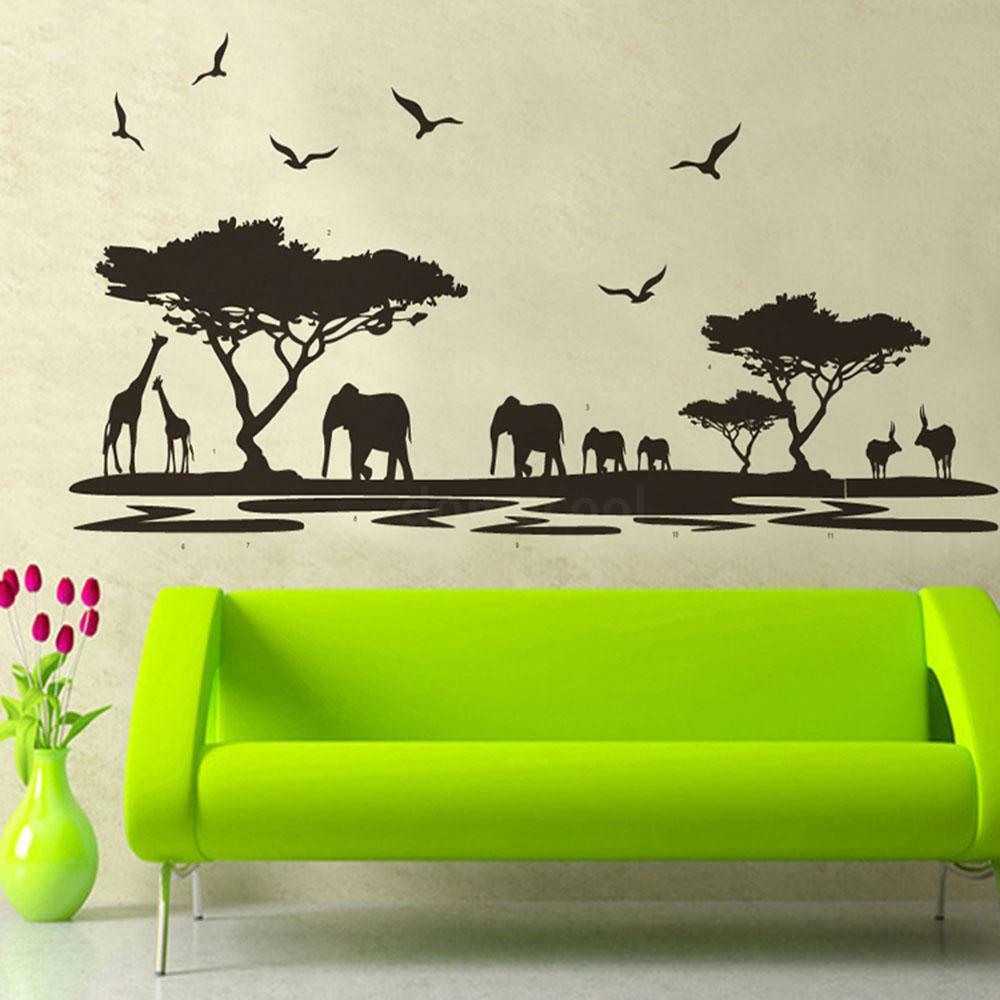 African Safari Themed Wall Sticker Jungle Animal Tree - Direños De Animales En Negro , HD Wallpaper & Backgrounds