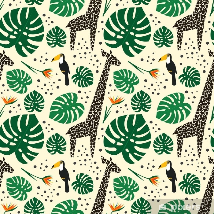 Giraffes, Toucans And Palm Leaves Seamless Pattern - Safari Leaves Background , HD Wallpaper & Backgrounds
